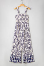Blue Boho Geometric Print Smocked High Waist Wide Leg Jumpsuit