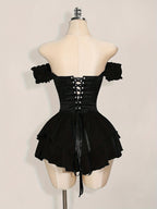 One-Shoulder Dress with a Fitted Waist And Back Tie, Features Puff Sleeves And a Stylish, Elegant Cake Skirt