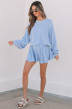 Jet Stream Corded Lantern Sleeve Top High Waist Ruffled Mini Skirt Set