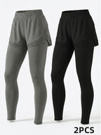 2pcs Faux 2pcs Athletic Pants Color-block Design with Built-in Pockets