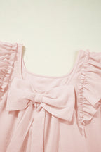 Light Pink Textured Flutter Sleeve Square Neck Bow Back Mini Dress