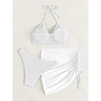 3-Pack: Textured Ring Linked Halter Bikini Swimsuit & Beach Skirt