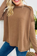 Dark Khaki Twist Ribbed Exposed Seam Detail Long Sleeve Loose Top