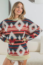 BiBi Aztec Print Mirr Mock Neck Lslv Top