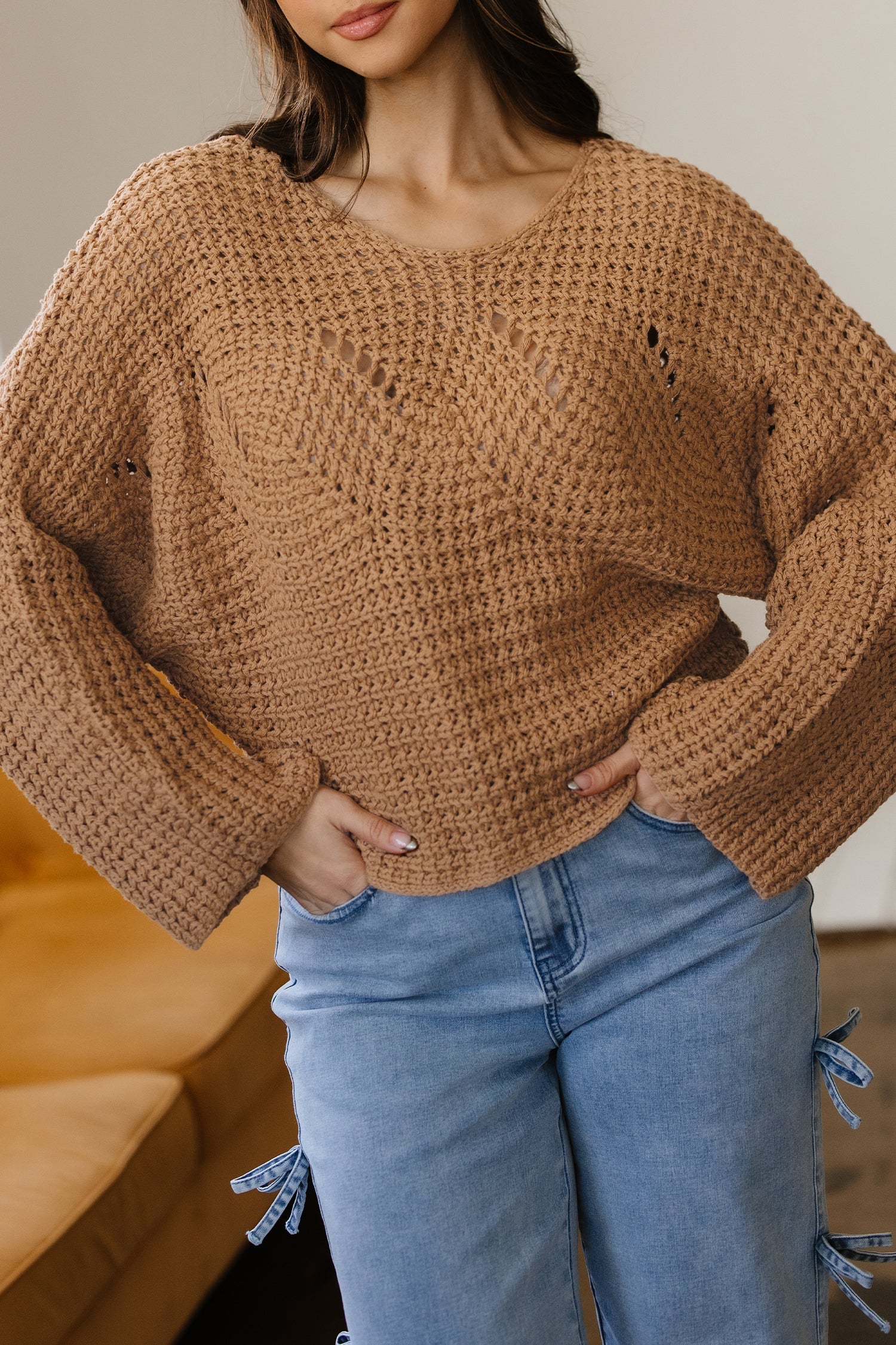 White Hollowed Detail Wide Sleeve Loose Pullover Sweater