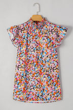 Orange Floral Print Shirred Stand Neck Flutter Shoulder Blouse