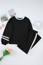 Mineral Red Varsity Stripe Patchwork Puff Sleeve Pullover Drawstring Wide Leg Pant Set