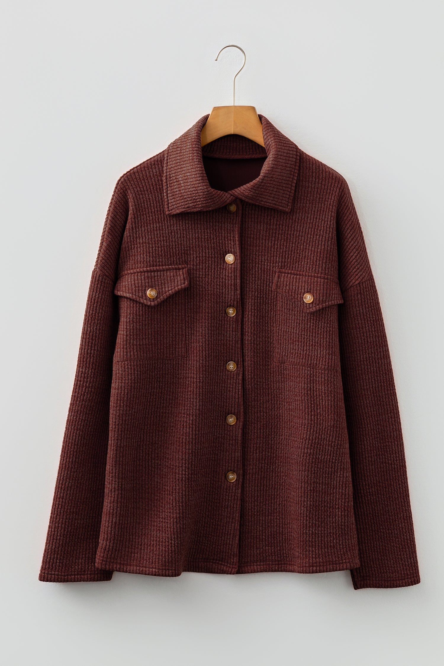 Red Sandalwood Ribbed Knit Buttons Front Flap Pocket Casual Shacket