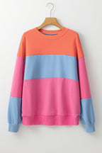 Bright Pink Colorblock Patchwork Drop Shoulder Sweatshirt