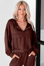 Chicory Coffee Button Drawstring Cropped Hoodie Jogger 2pcs Set