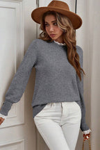 Sleet Lace Trim Patchwork Buttoned Cuffs Loose Sweater