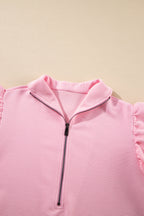 Pink Textured Ruffle Sleeve Zipped Top and Wide Leg Pants Set