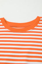 Orange Stripe Exposed Seam Drop Shoulder Casual Pullover Top