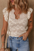 Beige Embroidered Patchwork Hollow Out Knitted Ruffle Sweater Vest
