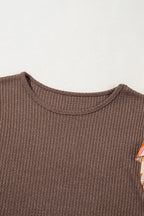 Coffee Ruffle Floral Sleeve Patchwork Waffle Top