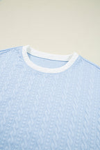 Beau Blue Contrast Trim Textured Crewneck Top and Pocketed Skirt Set