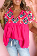 Strawberry Pink Geometric Embroidered Tassel Tie V Neck Blouse