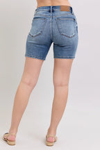 Judy Blue Button Fly Mid Length Denim Shorts W/ Destroy
