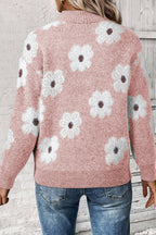 Khaki Vintage 60s Floral Pattern Half Zip Collar Drop Shoulder Sweater