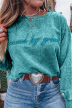High-rise saved by grace Letter Embroidery Mineral Wash Loose Sweatshirt