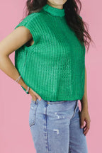 Bright Green Solid Color Knit High Neck Short Sleeve Sweater