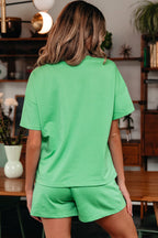 Mint Green V Neck Drop Shoulder Tee and Patchwork Drawstring Shorts Set