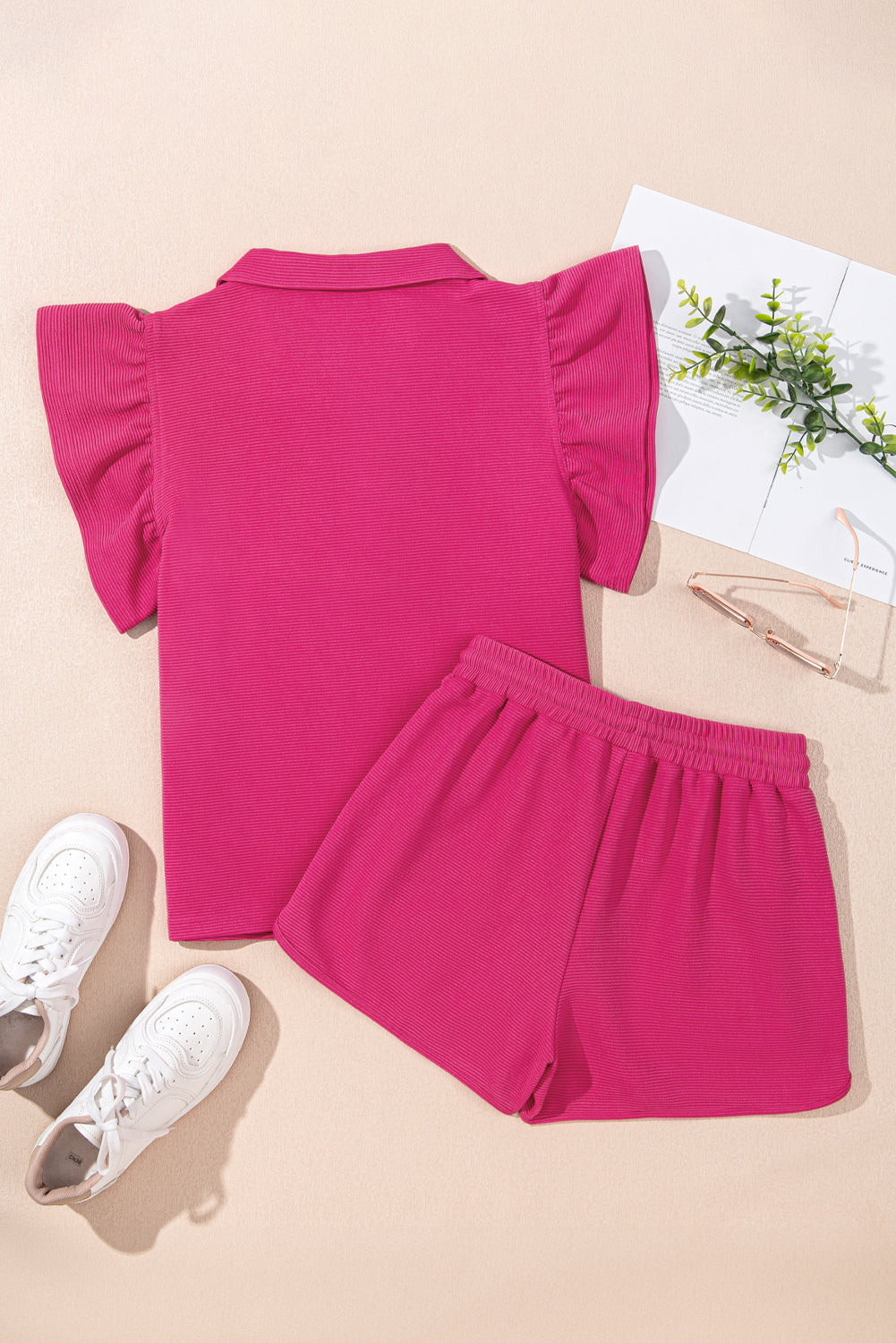 Strawberry Pink Striped Detail Flutter Sleeve Zipped Collar Short Set