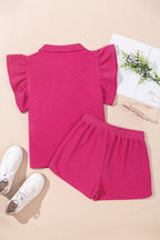 Strawberry Pink Striped Detail Flutter Sleeve Zipped Collar Short Set