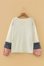Dusty Pink Floral Patchwork Textured Knit Drawstring V Neck Blouse