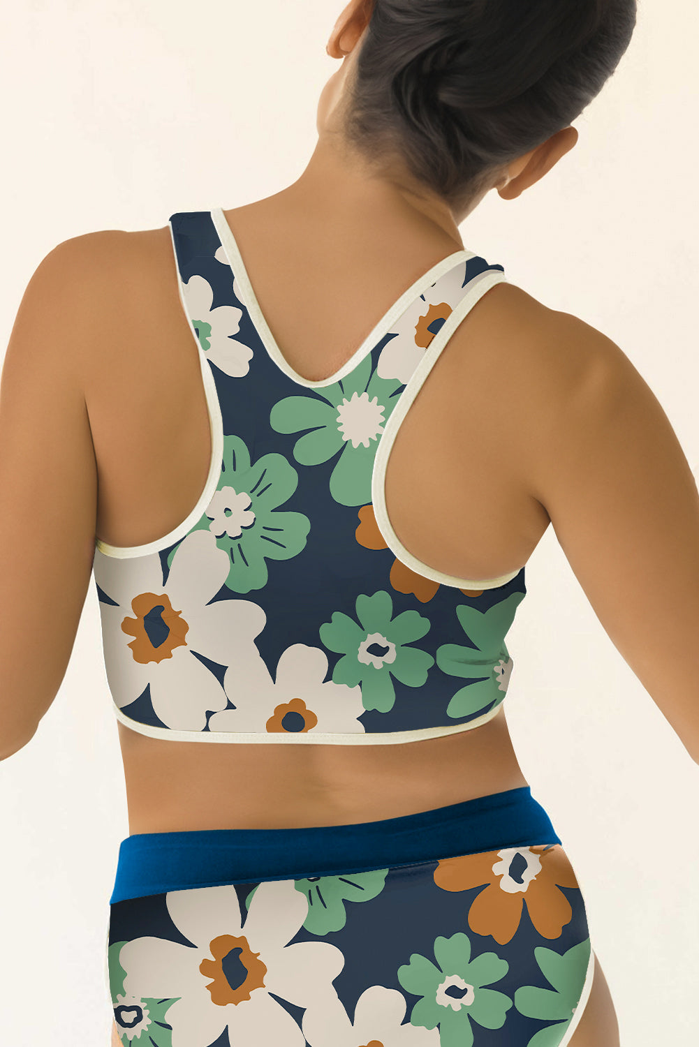 Blue Flower Zip Collar High Waist Bikini Set