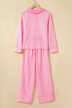 Pink Stripe Buttoned Front Long Sleeve Top and Pants 2 Piece Sleepwear