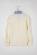 White Button Striped Collar Patchwork Puff Sleeve Sweatshirt