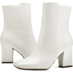 New Mysoft Womens Size 8 White Faux Leather 3" Block Heel Zip Ankle Boots w Flaw