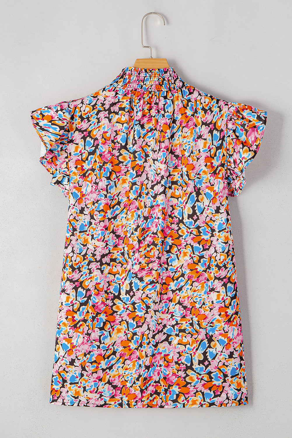 Orange Floral Print Shirred Stand Neck Flutter Shoulder Blouse
