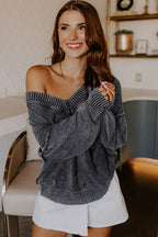 Black Mineral Wash V Neck Knit Exposed Seam Drop Shoulder Loose Sweater