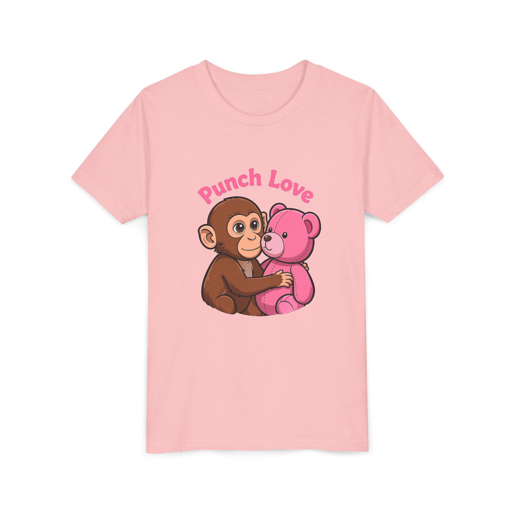 Youth Tee — "Punch Love" Monkey Hugging Pink Teddy Cute Kids Valentine Shirt
