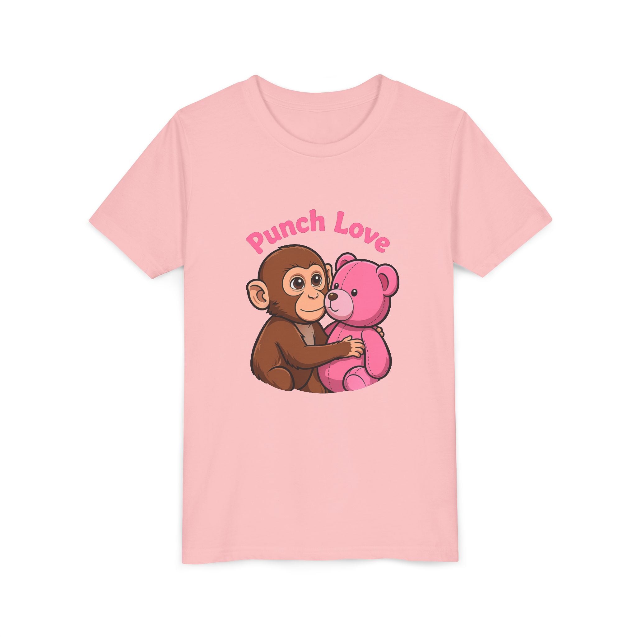 Youth Tee — "Punch Love" Monkey Hugging Pink Teddy Cute Kids Valentine Shirt