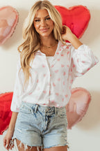 White Love Heart Print Drop Shoulder Puff Sleeve Shirt