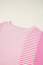 Pink Stripe Waffle Patchwork Loose T-Shirt