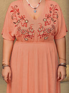Plus Size Frill Embroidered V-Neck Half Sleeve Maxi Dress