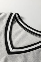 Light Grey Striped Trim V Neck Long Sleeve Preppy T Shirt Dress