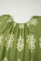 Yellow Boho Chic Notched V Neck Plus Floral Short Sleeve Top