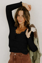 Black Lace Neckline Button Decor Lettuce Edge Long Sleeve Ribbed Top