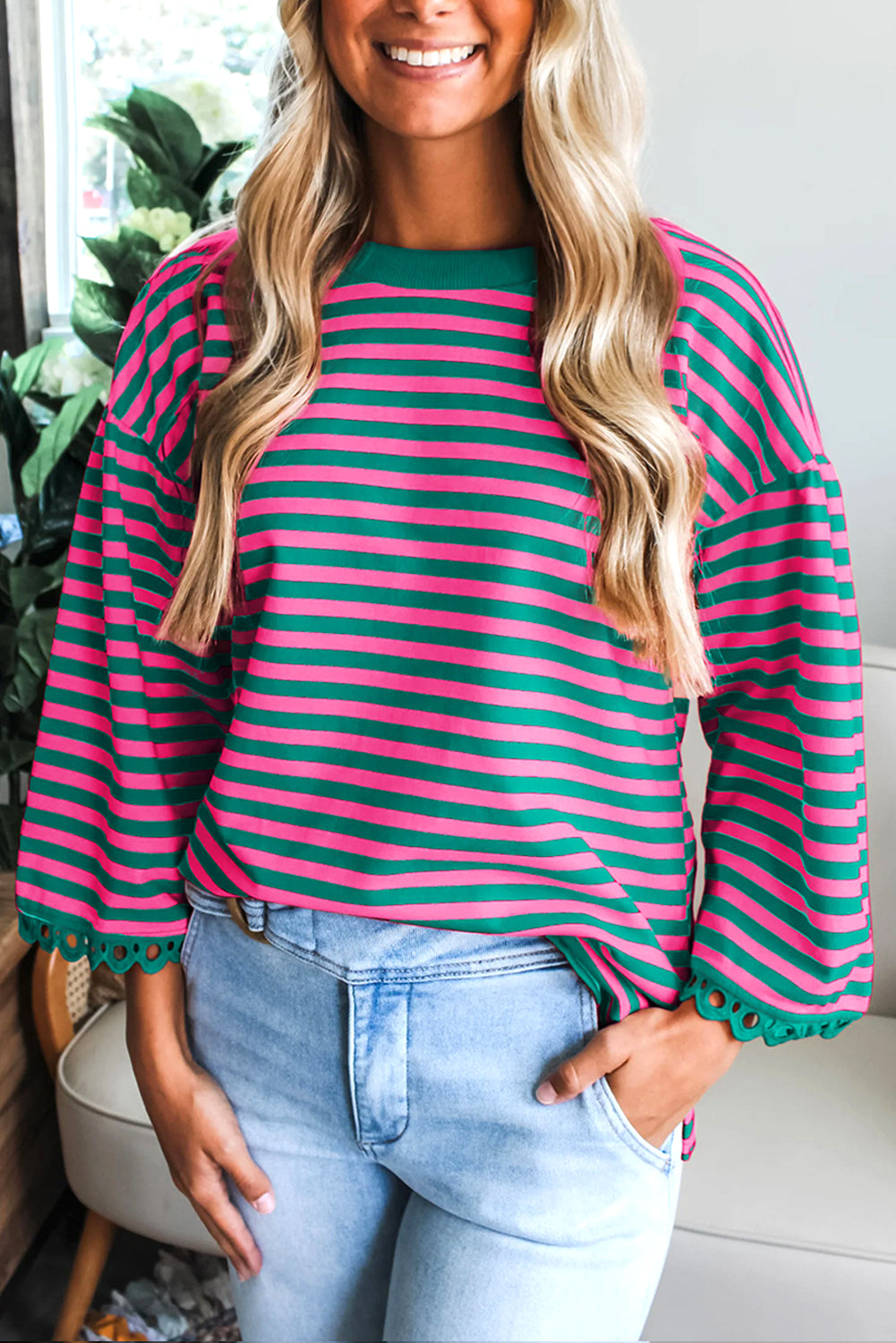 Sachet Pink Striped Print Drop Shoulder Lace Trim Bracelet Sleeve Loose Top