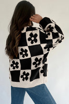 Thai Curry Flower Plaid Henley Baggy Sweater