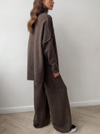 Slit Turtleneck Long Sleeve Top and Pants Sweater Set