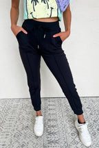Black Exposed Seam Detail Skinny Drawstring Jogger Pants