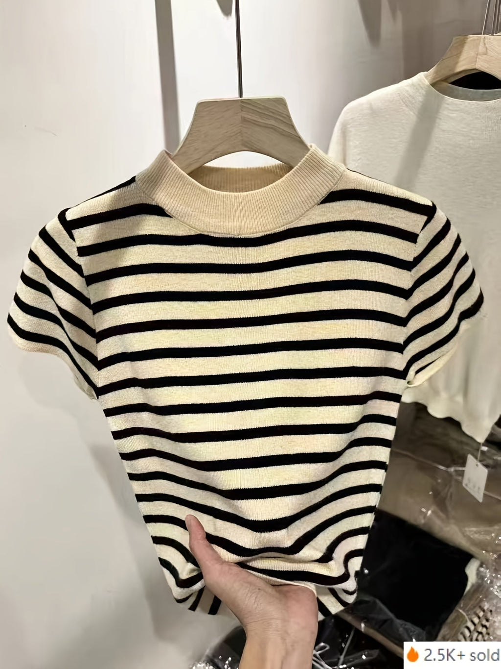 Semi-High Neck Striped Short-Sleeved T-Shirt