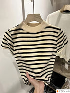 Semi-High Neck Striped Short-Sleeved T-Shirt