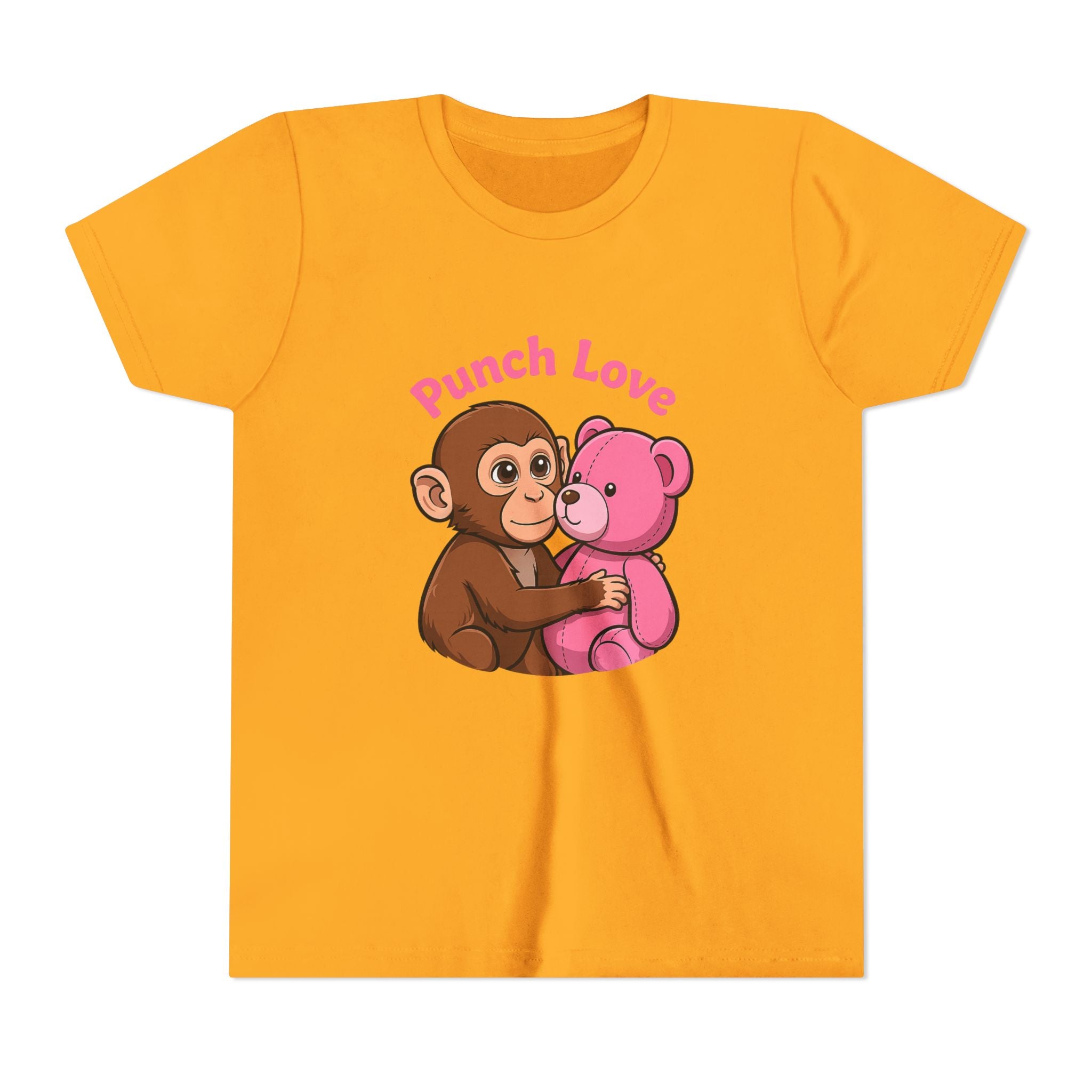 Youth Tee — "Punch Love" Monkey Hugging Pink Teddy Cute Kids Valentine Shirt